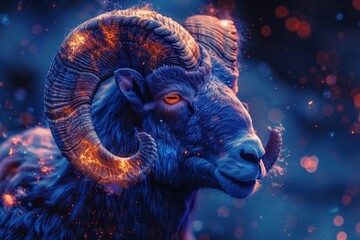 aries zodiac sign, animal with intergalactic elements, futuristic colors