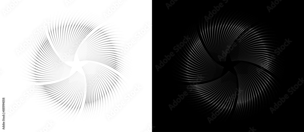 Poster Abstract background with halftone dots spiral. Modern circle dotted pattern. Futuristic 5 corners star concept. Black shape on a white background and the same white shape on the black side.