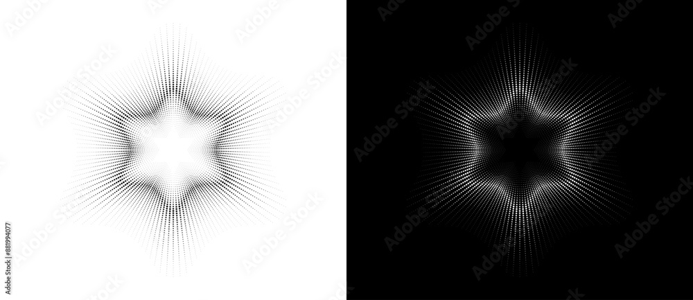 Poster Abstract background with halftone dots David star. Modern circle dotted pattern. Futuristic jewish concept. Black shape on a white background and the same white shape on the black side.