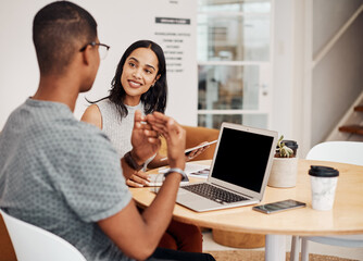 Business people, meeting or laptop in office for discussion, teamwork or planning project together. Talking, startup company or brainstorming in conference room for agenda, ideas or collaboration