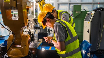 An engineer or technician got injury or accident while repairing robotic accident machine in...