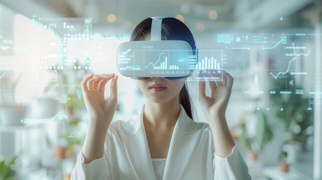 Businesswoman wearing VR headset with holographic financial data - Powered by Adobe