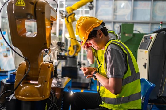 An engineer or technician got injury or accident while repairing robotic accident machine in factory, concept of manufacturing insurance, emergency and protection, first aid and careful. unsafe