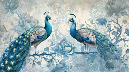 Elegant Wall Mural with Peacocks and Patterned Background in Baroque, Rococo, and Modern Styles - Light and Delicate Photo Wallpaper Design
