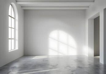 Obraz premium Empty white room with natural light from an arched window, creating a serene and minimalist atmosphere for interior design projects or background with copy space.