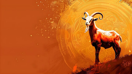 Goat illustration for Eid al-Adha celebration with ornate background and copy space; perfect for festive Islamic events and religious holidays.