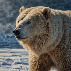Obraz premium A majestic polar bear, its thick, white fur shimmering in the Arctic sunlight, stands against a backdrop of pristine ice and snow. The bear's powerful frame exudes an aura of strength and grace