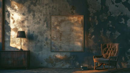 Vintage interior with peeling walls, luxurious armchair, and a warm glowing lamp.