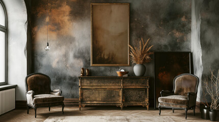 Elegant vintage styled room with distressed wall finish, antique furniture, and decorative elements.