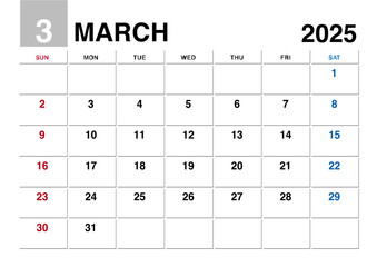 2025年3月のカレンダー日曜始まり日本の祝日表記無し