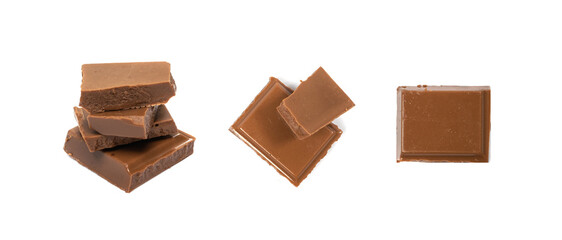 Broken chocolate bar stack, isolated. Milk chocolate square pieces, cubes, small bloks pile, choco