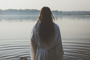 Fototapeta premium A woman stands in the water with her back to the camera, capturing a serene moment