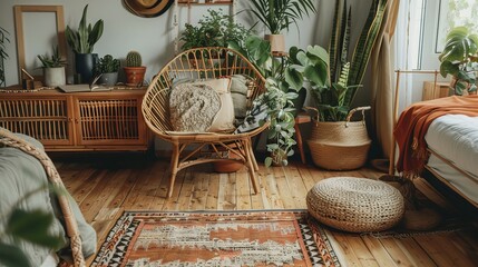 A lovely, peaceful bohemian room with a homey feel. It has a wicker chair, pillows, cushions, green plants in pots, a bed, and a rug on a wooden floor.
