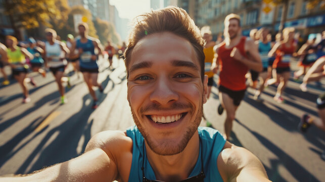 A crowd of marathon runners, participants running a half marathon through the streets of the city, a crowd of runners jogging in motion, group training of athletes outdoors.