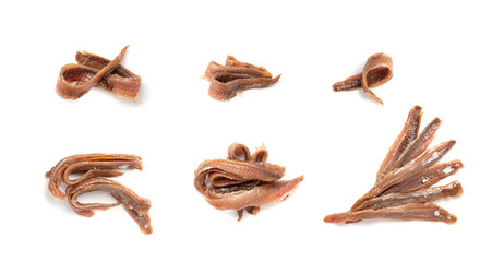 Canned anchovy fillet, marinated fish, traditional salted anchovy in oil on white