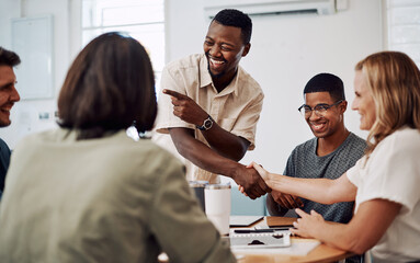 Business people, shaking hands and meeting success with collaboration, teamwork or staff praise at...