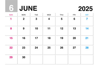 2025年6月のカレンダー日曜始まり	
