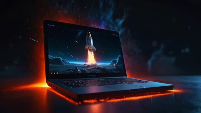 A laptop with a rocket launching from the screen.