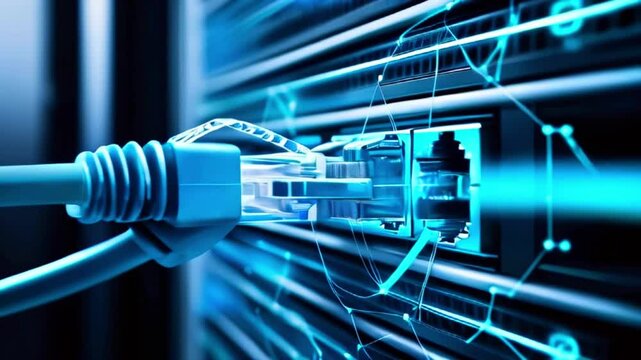 An ethernet cable is being plugged into a glowing port on a piece of networking equipment.