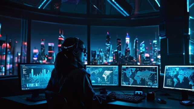 A person is sitting in a dark room in front of multiple computer screens. The screens are displaying various graphs, charts, and maps. The person is wearing a dark hoodie and a virtual reality headset