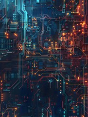 Abstract digital circuit board with glowing lines and nodes, representing technology and connectivity.