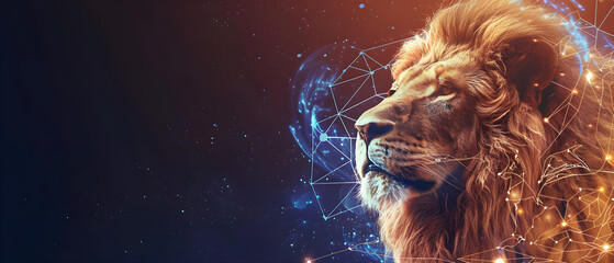 Illustration of a majestic lion with a starry and celestial background, ideal for astrology and zodiac themes. Contains empty copy space.