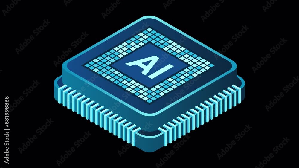 Poster isometric artificial intelligence chip animation. artificial intelligence concept. futuristic microc