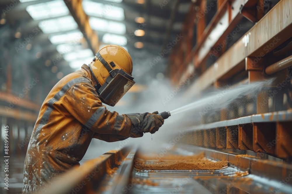 Poster worker in protective gear using tools in an industrial factory setting.