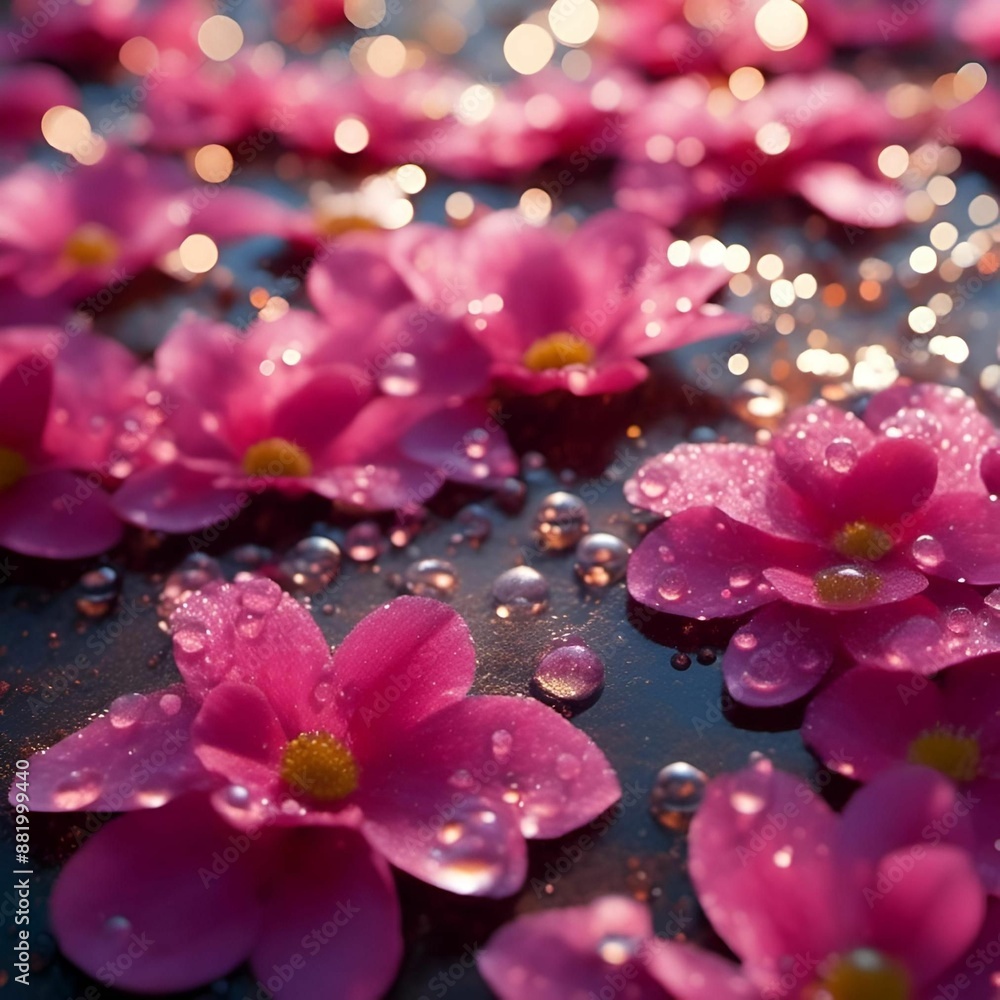 Poster AI generated illustration of vibrant pink flowers with water droplets and bokeh effect