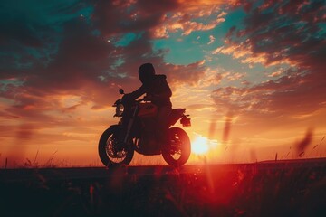 Silhouette of a motorcyclist riding at sunset with dramatic sky.