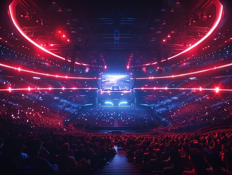 Exciting e-sports tournament venue packed with fans, cheering in front of a giant streaming screen