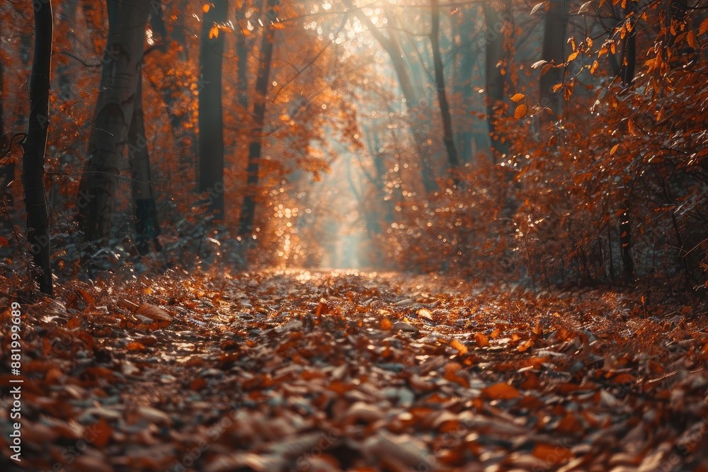 Poster serene forest path covered in autumn leaves with sunlight filtering through trees, creating a peacef