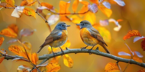 Songbird sitting at a tree branch in the autumn forest
