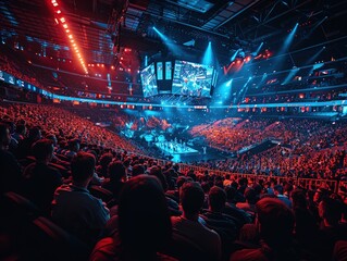 Dynamic scene of an e-sports event filled with spectators, focused on the action broadcast on a huge screen