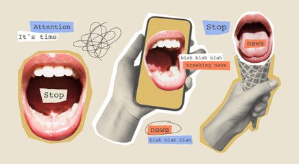 Cutout Halftone Graphic Set. Collage with hand, ice cream, phone and screaming mouth. Concept of news, lies, propaganda, gossip. Clipping elements with ripped paper in a pop art style.