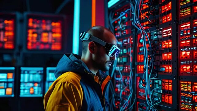 A man wearing virtual reality goggles is standing in a room full of servers.