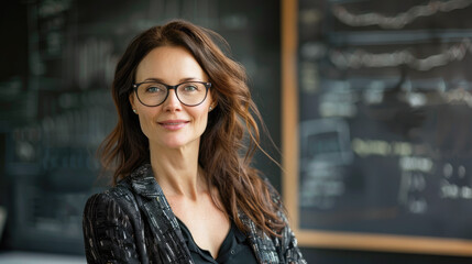 Portrait of smiling middle aged female teacher posing with crossed arms in classroom, elementary to university education, copy space.