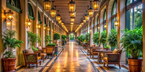 Fototapeta premium A Luxurious Corridor with Golden Lanterns, Wide Angle Perspective, Interior Design, Golden Tiles, Waiting Area, hotel, corridor