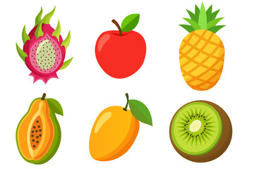 Set of fruits on a white background. Dragon fruit, apple, papaya, mango, pineapple, kiwi