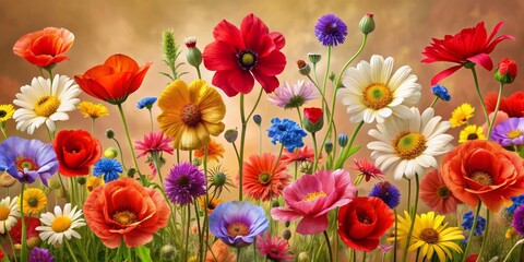 A Vibrant Bouquet of Summer Wildflowers,  Digital Art,  Colorful Flowers,  Nature Photography,  Flower Arrangement
