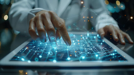 Female scientist in a lab coat using a digital tablet and analyzing complex data on a large digital interface in a high-tech laboratory, representing advanced scientific research.