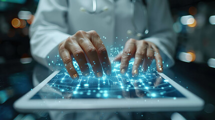 Female scientist in a lab coat using a digital tablet and analyzing complex data on a large digital interface in a high-tech laboratory, representing advanced scientific research.