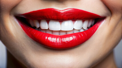 Fototapeta premium Vibrant red lips curve upwards in a joyful smile, revealing perfectly aligned white teeth, capturing the essence of happiness and confidence in a stunning close-up shot.