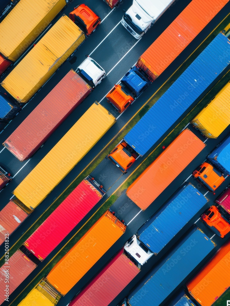 Poster bird's eye view aerial shot of trucks at busy port with copy space, deep depth of field, covering al
