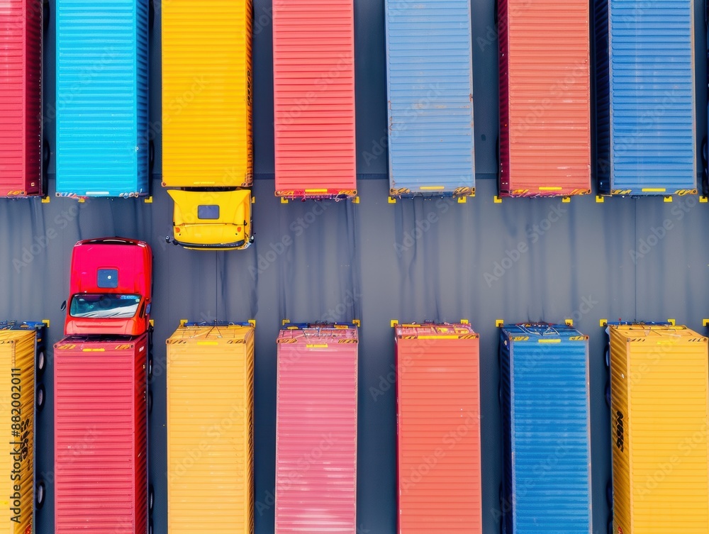Poster busy port aerial view with trucks transporting goods, deep depth of field, ideal for text overlay, c