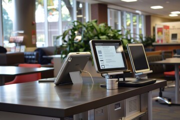 Three Tablets On A Counter In A Library