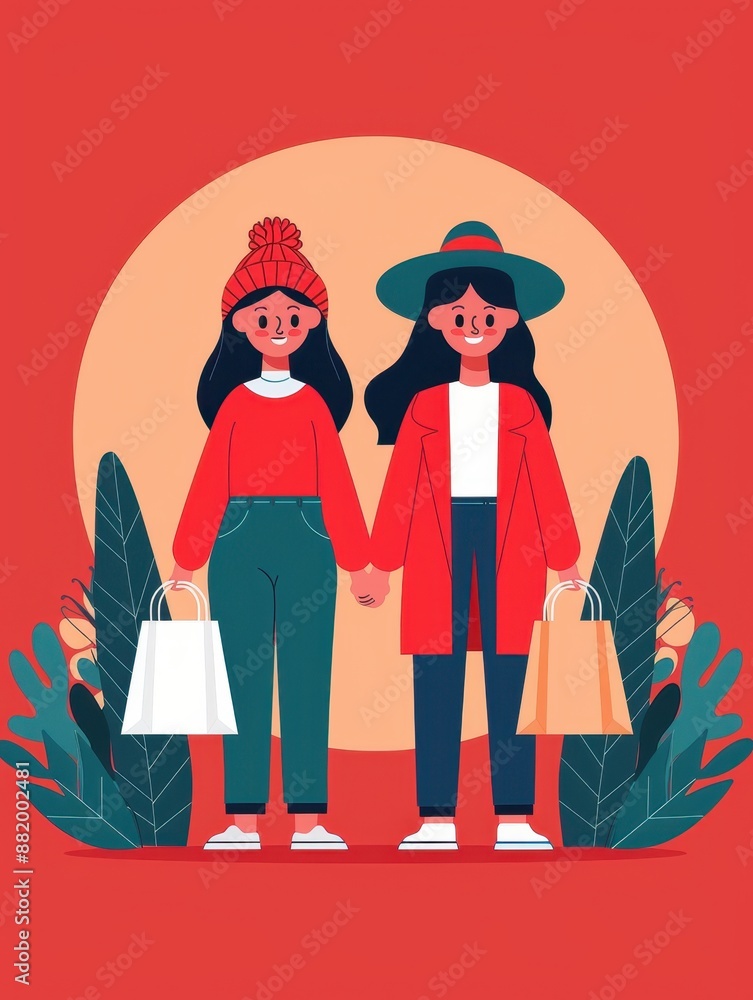 Poster cheerful animated characters shopping online, with copy space, covering all objects, deep depth of f