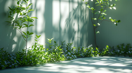 Sunlit green garden corner with lush plants and shadows on a light wall, creating a serene and peaceful atmosphere.