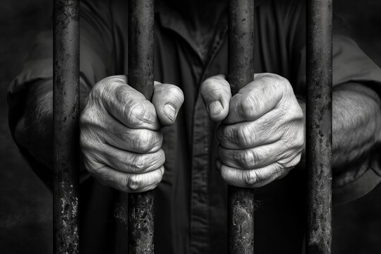 male hands holding prison bars. black and white