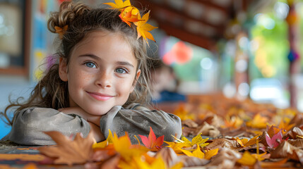 A young girl with a warm smile enjoying the autumn season, surrounded by colorful fall leaves in an outdoor setting.